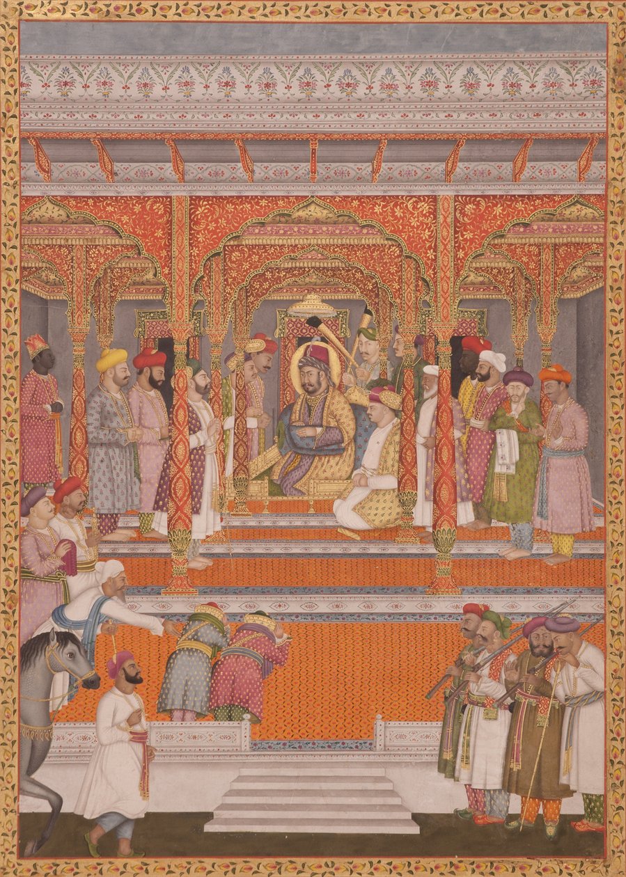 Mirza Md Muazzam Shah Khurram Bakht Bahadur tar emot Saadat Ali, Nawab of Aw, 1803 (ogenomskinlig wc på papper) av Lalji Mal