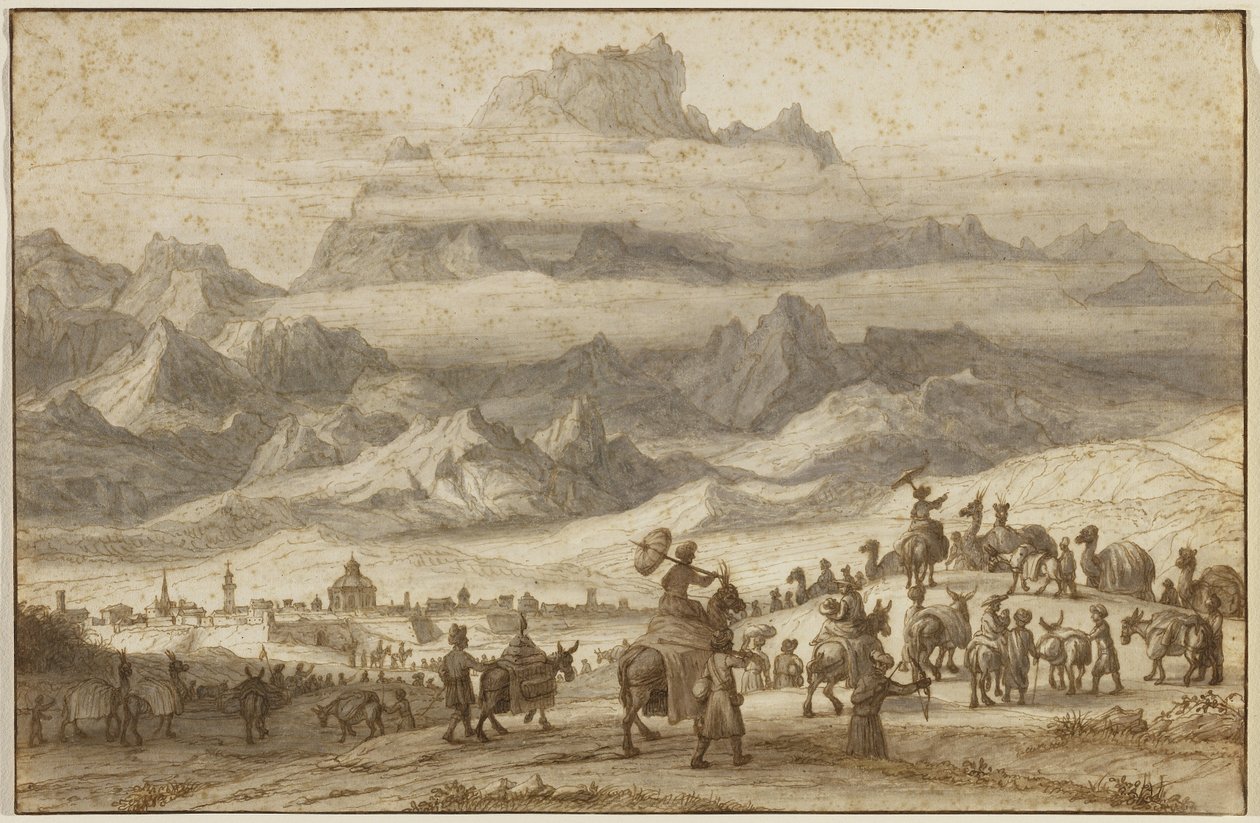 Noaks ark på berget Ararat med ett kameltåg utanför staden Jerevan i förgrunden, ca 1690 (penna och brunt bläck med bruna, grå och gula tvättar på bundet papper) av Lambert Doomer