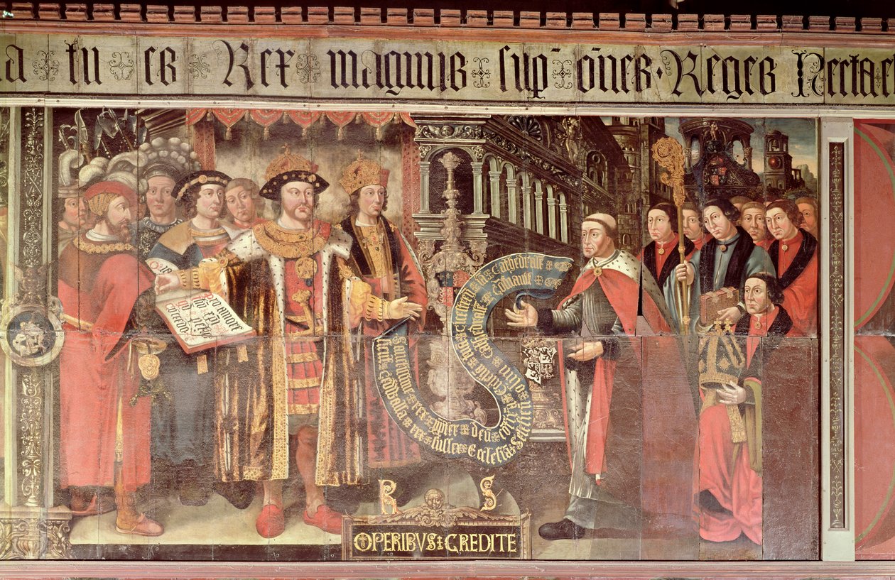 Biskop Robert Sherburne med Henry VIII (1491-1547) c.1508-36 (väggmålning) av Lambert Barnard