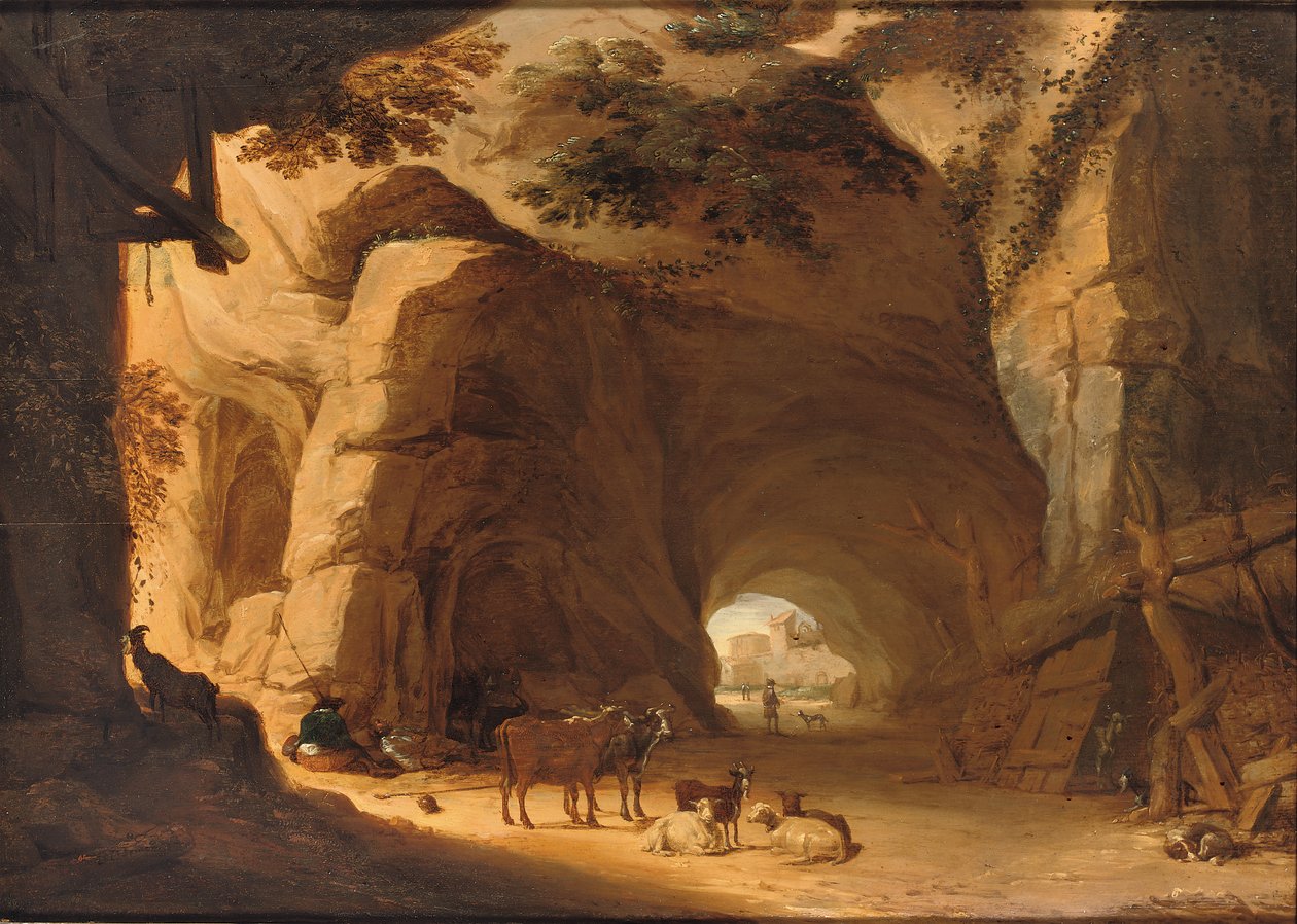 Herdar och deras boskap vilar i en grotta (olja på panel) av Lambert Doomer