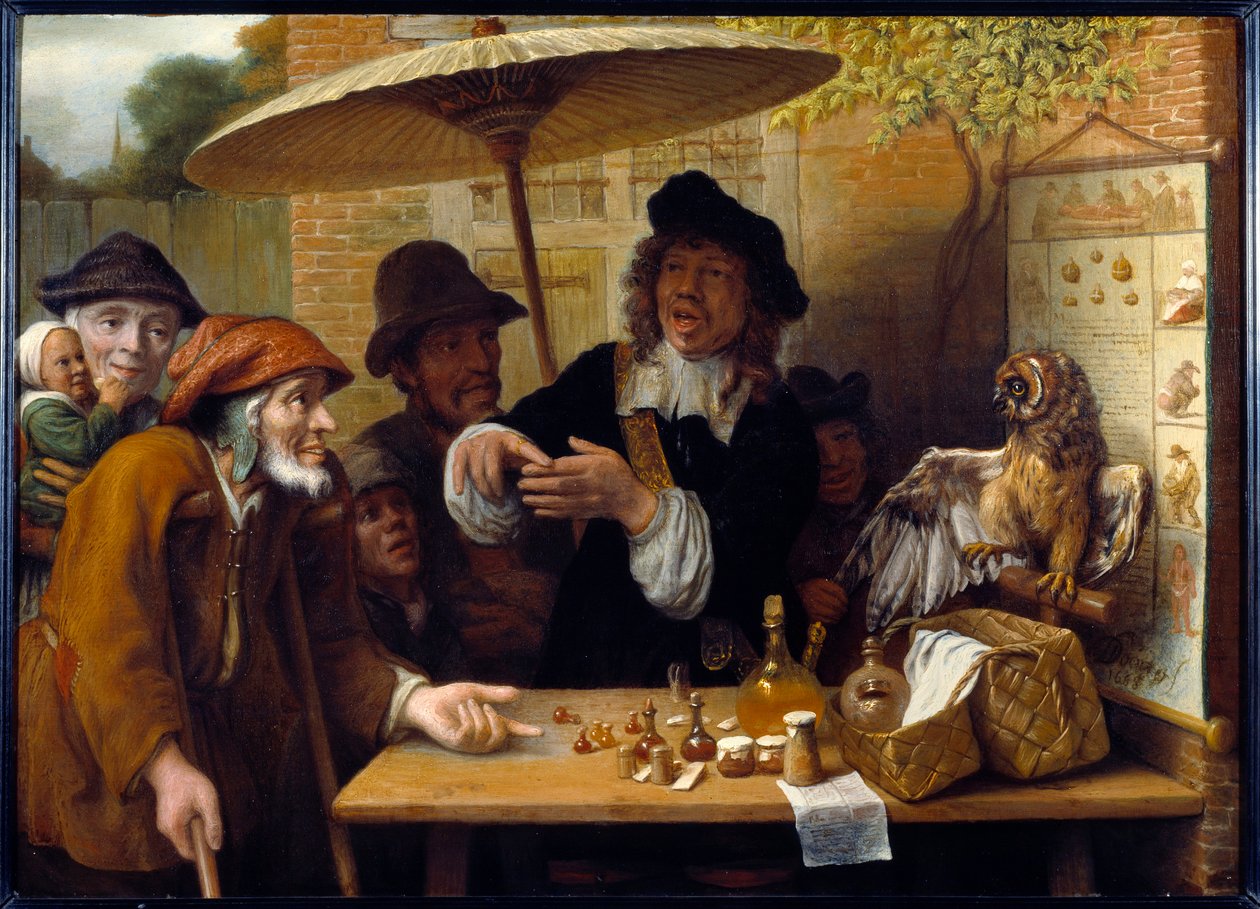 Charlatanen. Resenären diskuterar boniments för att sälja droger på torget. Målning av Lambert Doomer (1623-1700) av Lambert Doomer