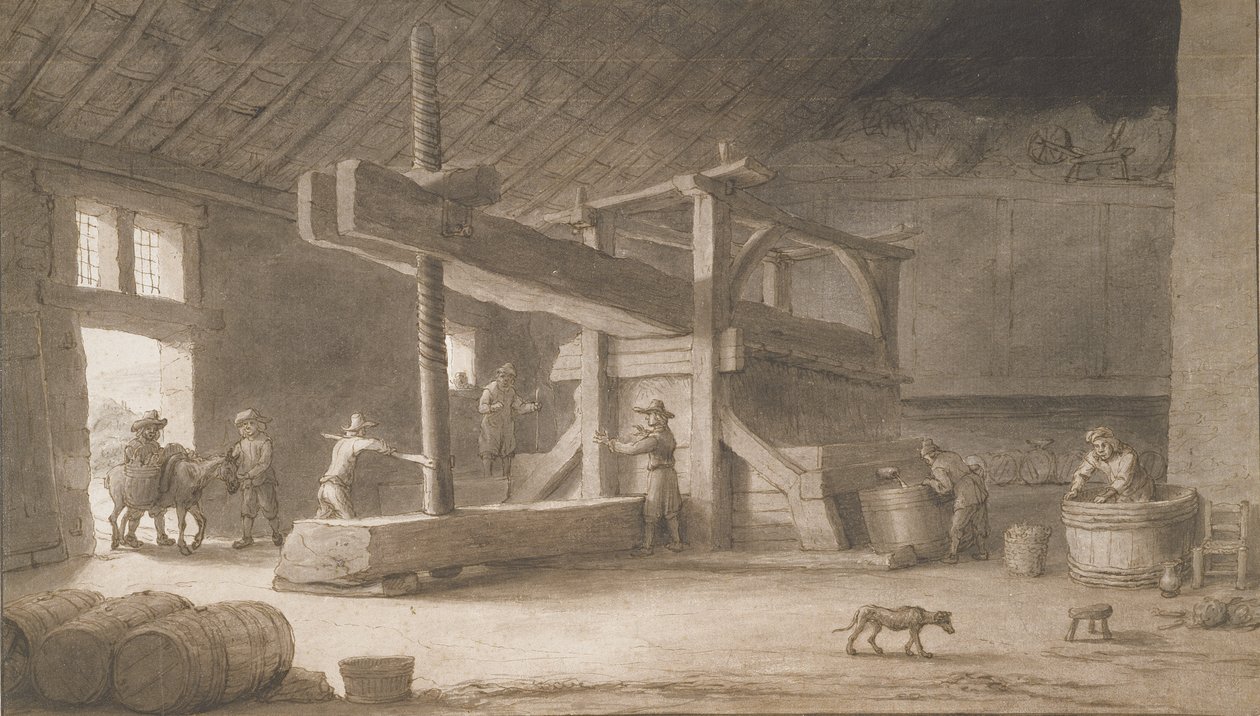Vinpress av Monsieur Dittyl, utanför Nantes, ca 1670 (penna och bläck med tvätt på papper) av Lambert Doomer