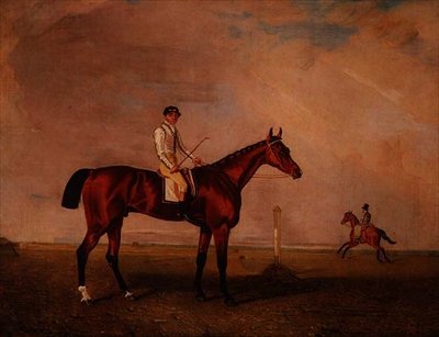 Bay kapplöpningshäst med jockey på en kapplöpningsbana av Lambert Marshall