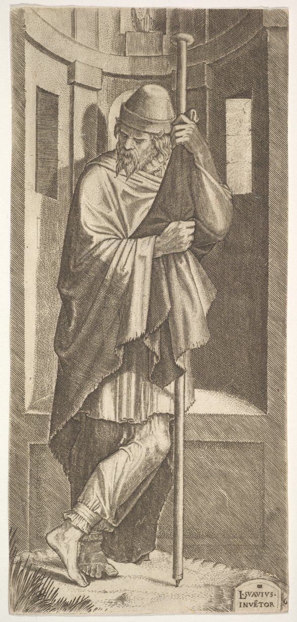 St. James Major lutad på en stång framför en nisch, hans vänstra ben korsade över hans högra, från..., 1545. av Lambert Suavius