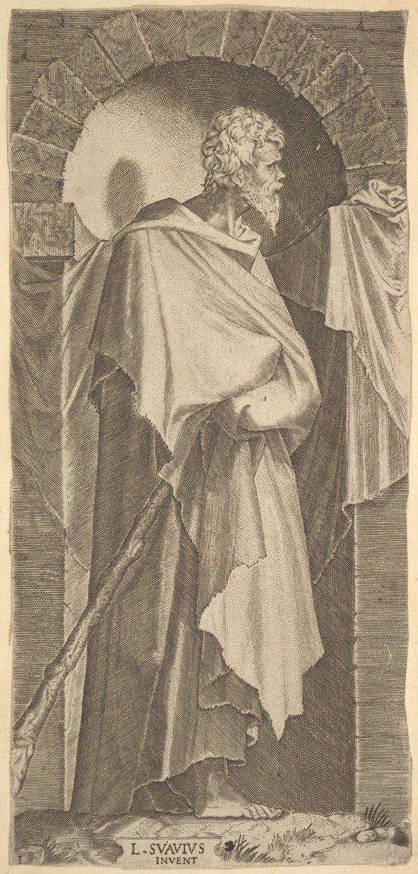 St. James Minor i en bågformad nisch, med en käpp i händerna, som är c..., 1545. av Lambert Suavius