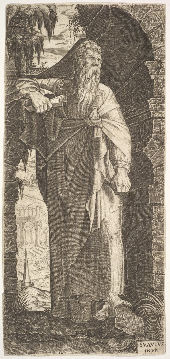 St. Paul stående under en övervuxen båge, hans vänstra fot placerad på en sten, hans högra hand..., 1545. av Lambert Suavius