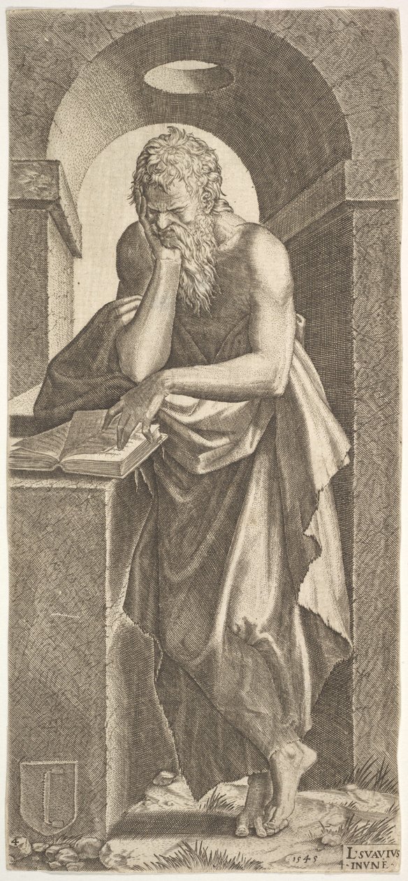 St. Simon står framför en öppen bok med fingrarna på sin vänstra hand pressade på ..., 1545. av Lambert Suavius