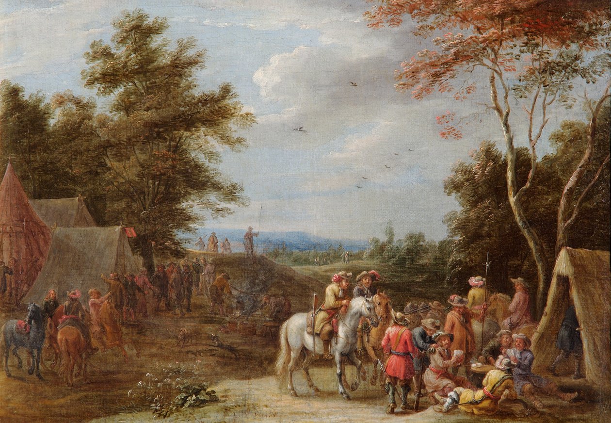 Ett läger med soldater som spelar kort, ca 1660 (olja på duk) av Lambert de Hondt