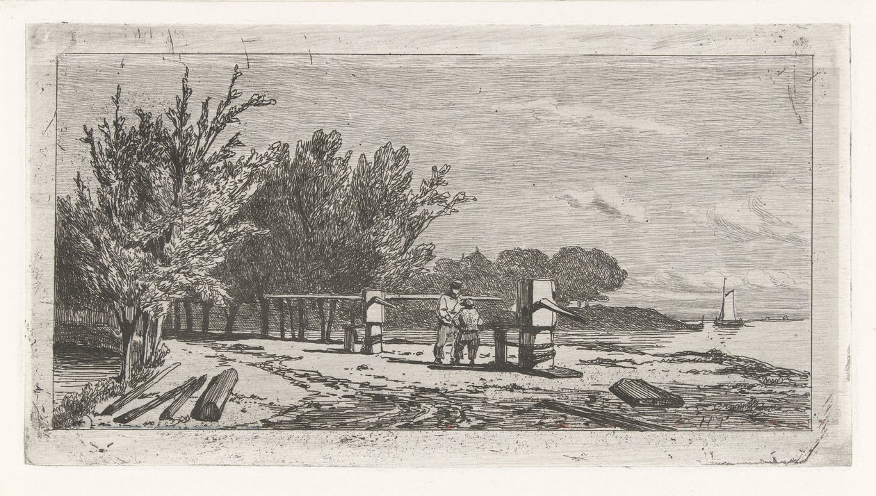 Man och pojke längs stranden av en flod av Lambertus  Hardenberg
