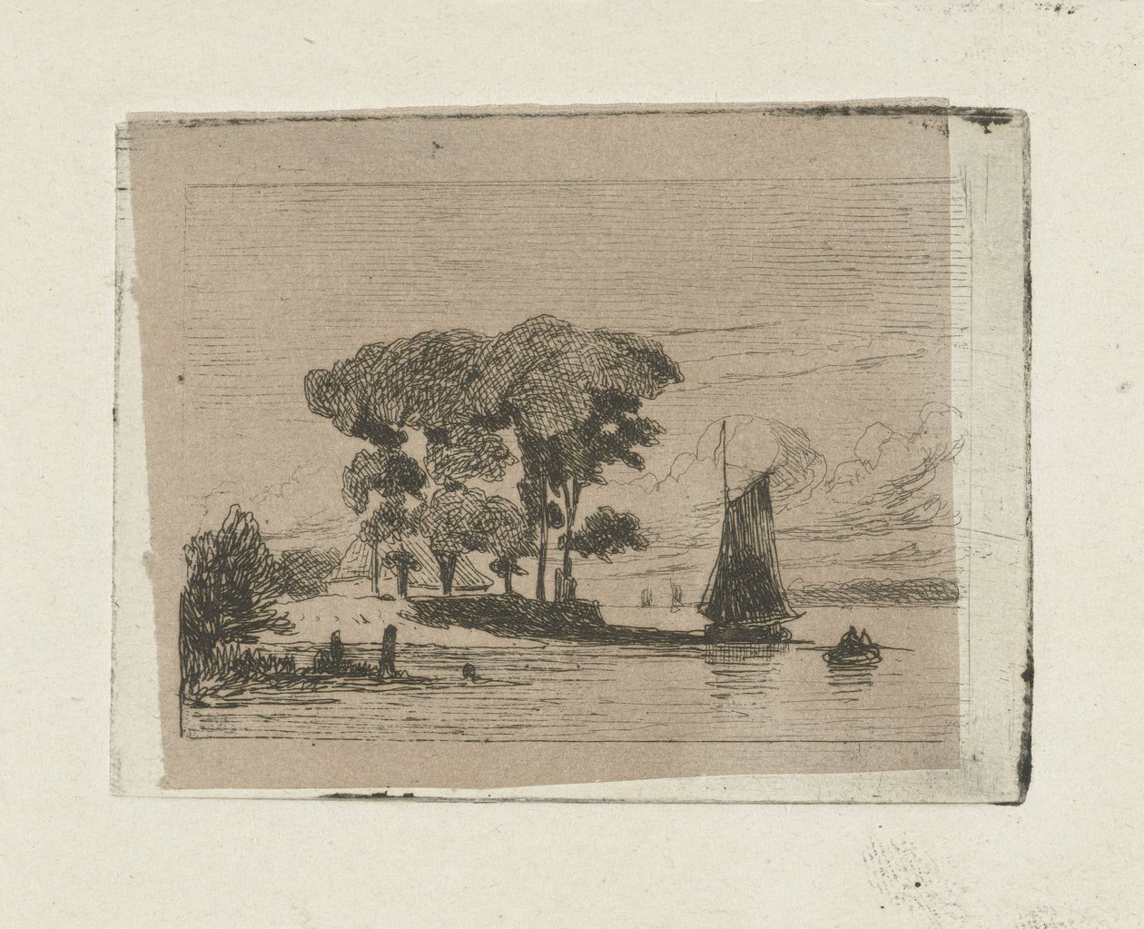 Flodlandskap med segelbåt och träd av Lambertus  Hardenberg
