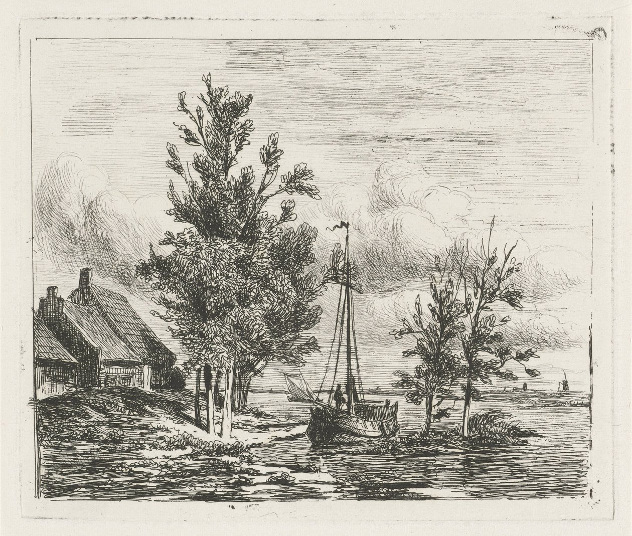 Flodlandskap med segelfartyg och gård av Lambertus  Hardenberg