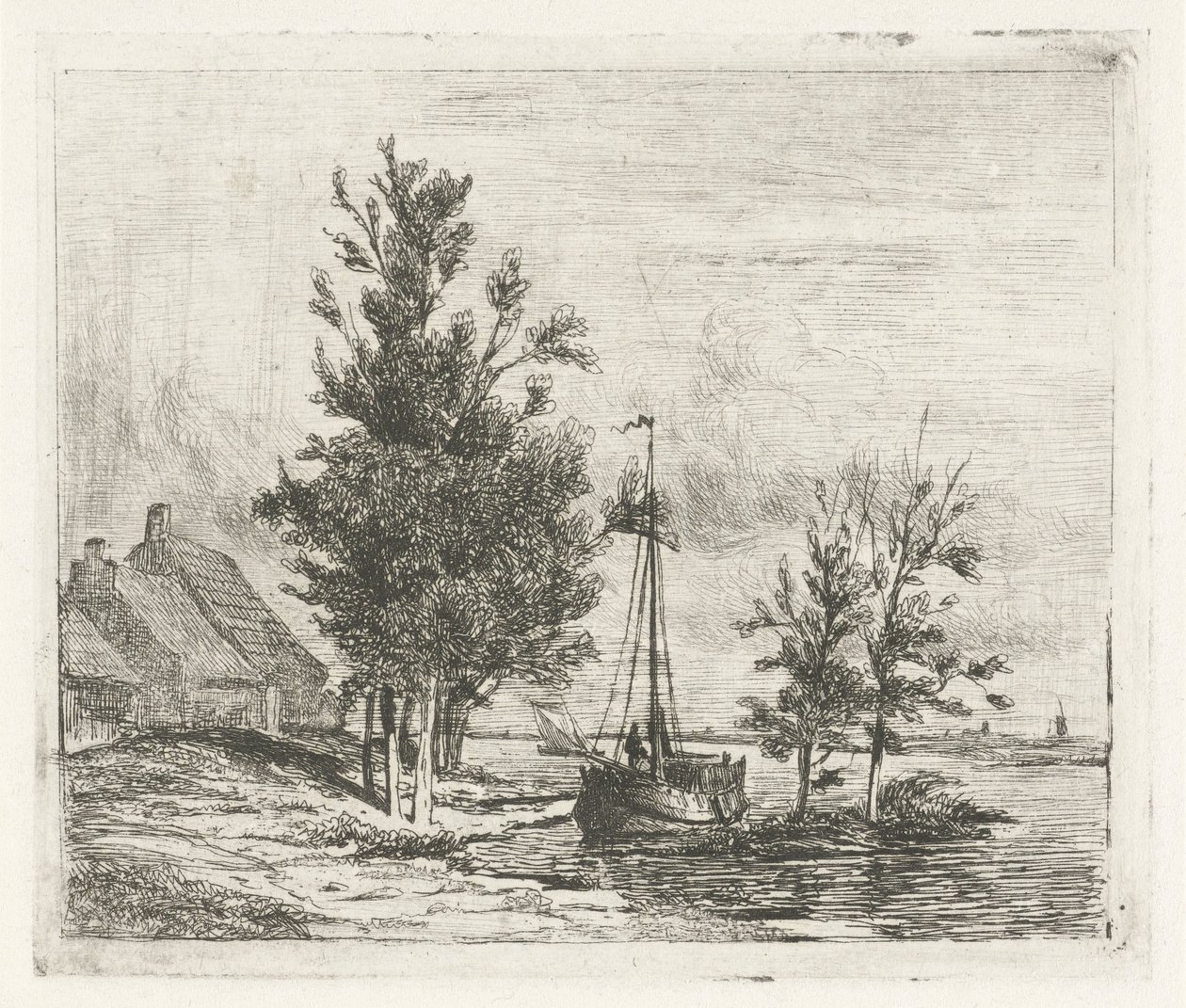 Flodlandskap med segelfartyg och gård av Lambertus  Hardenberg