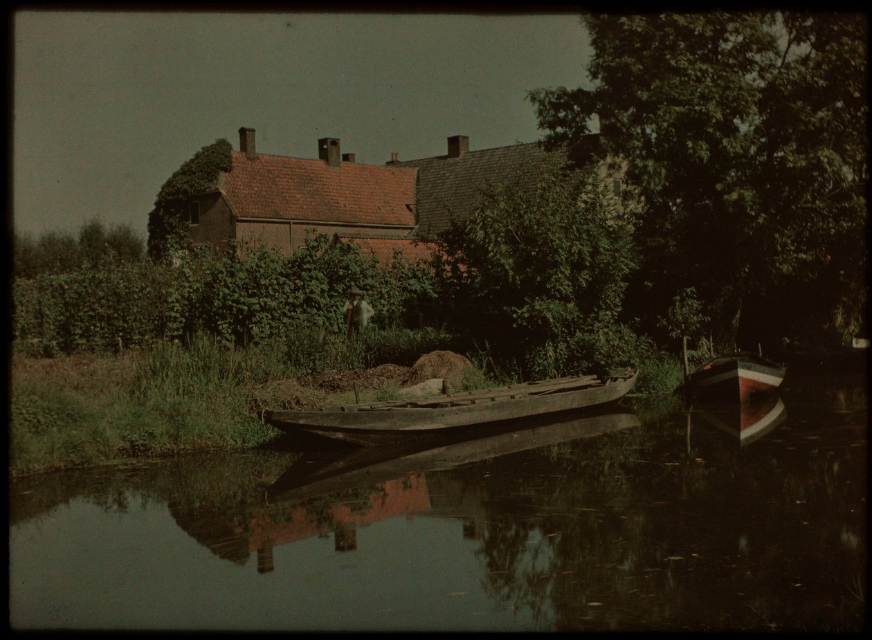 Blikkenburgervaart, Zeist, med båtar och gård (och möjligen Willem Emelaar Sr) av Lambertus Hendrik van Berk