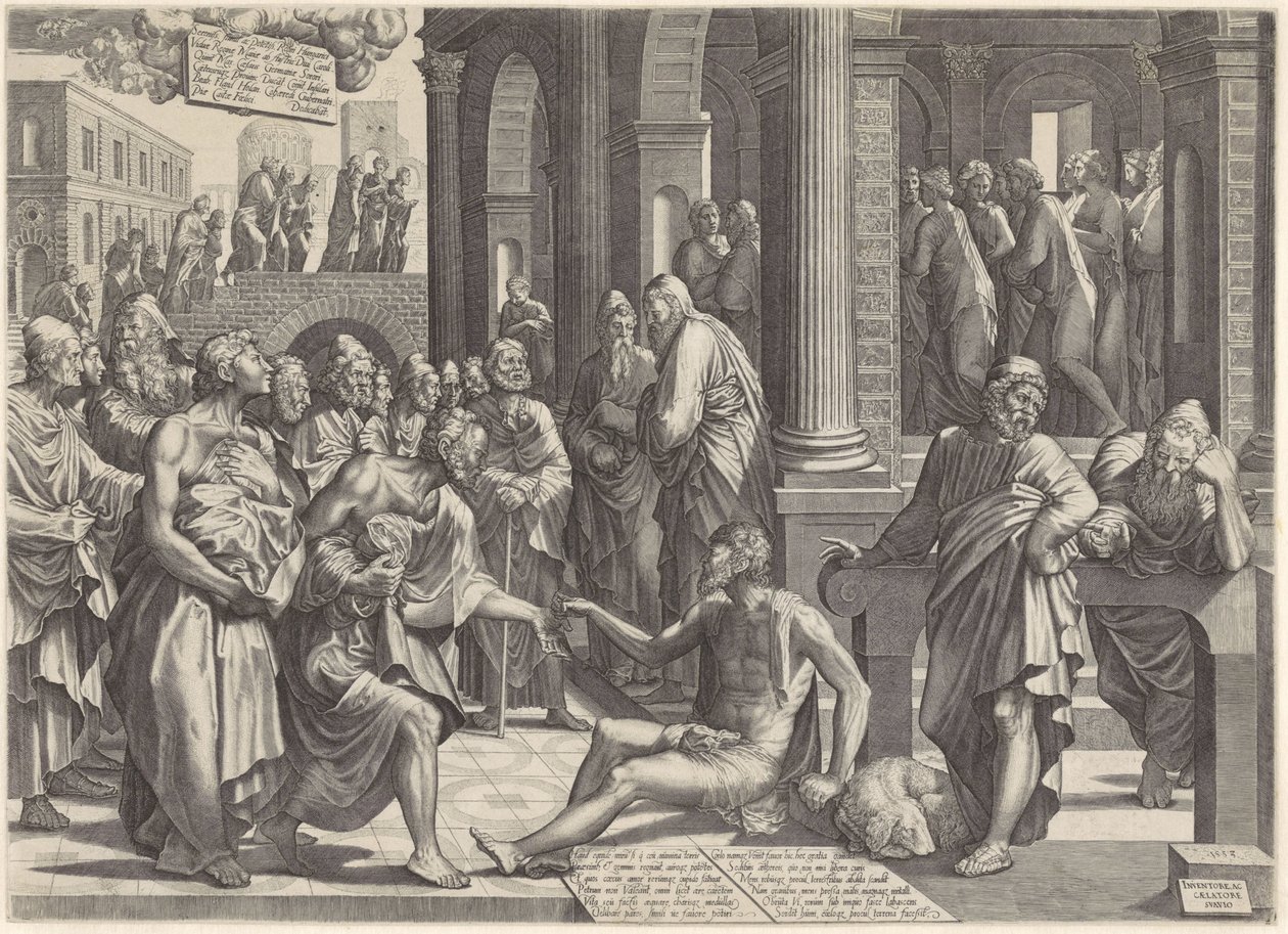Peter och Johannes helar den krympling vid tempelporten Petrus och Johannes botar en krympling vid tempelporten av Lambertus Suavius