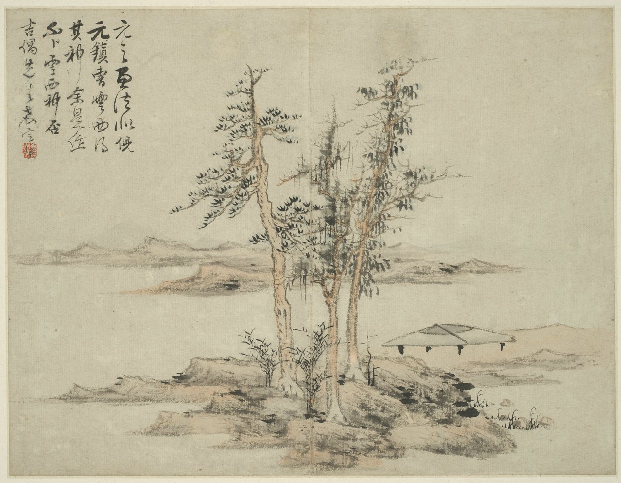 Landskap i stil med antika mästare: efter Ni Zan (1301-1374), Cao Zhibo (1272-1355) av Lan Ying