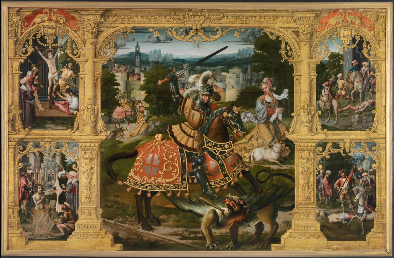 Legend of St. George (olja på panel) av Lancelot (school of) Blondeel