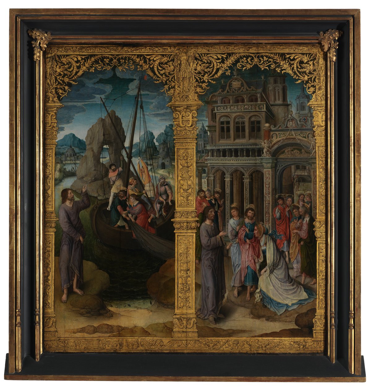 The Calling of Peter and the Healing of Hemorroissa (olja på panel) av Lancelot (school of) Blondeel