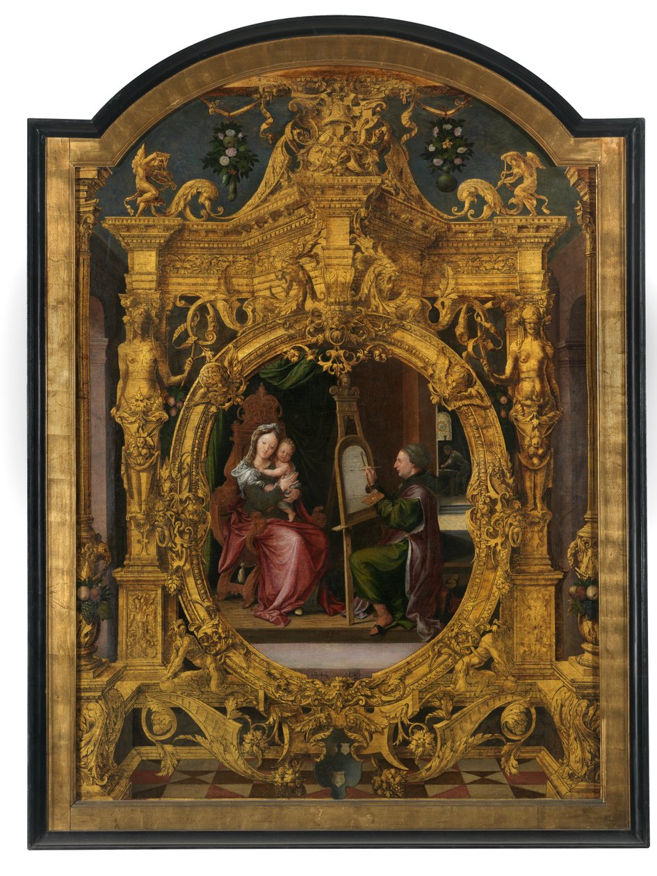 St. Luke målar Jungfruns porträtt (olja på duk) av Lancelot Blondeel
