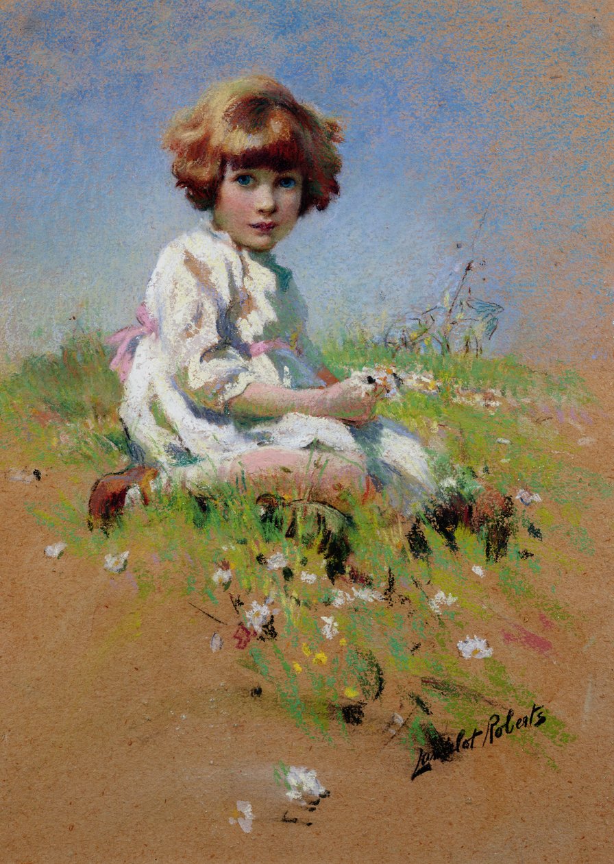 Marjorie - a A Girl Picking Daisies (pastellfärgad på papper) av Lancelot Roberts