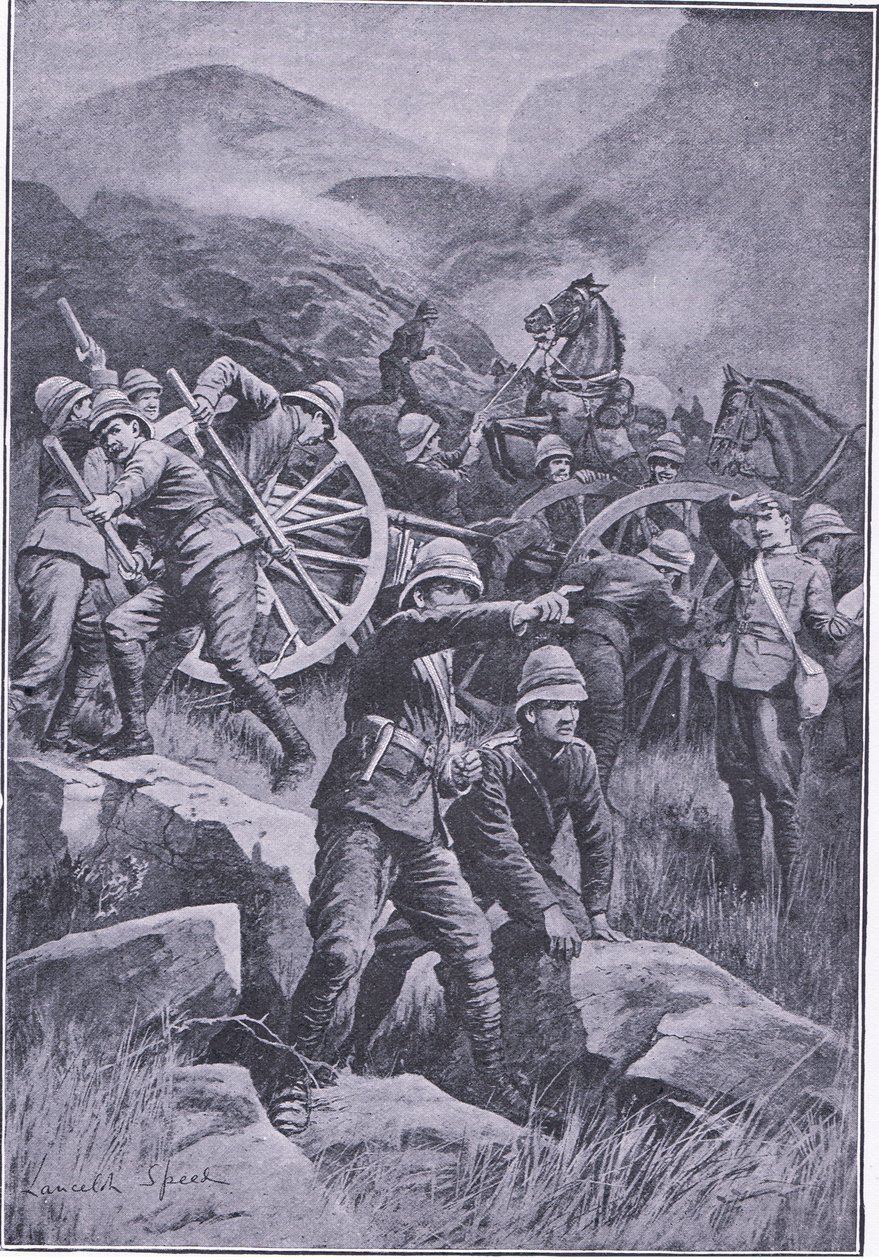 En pistol välte på en sluttning, från After Pretoria: The Guerilla War publicerad av Harmsworth Bros Limited, 1901 av Lancelot Speed