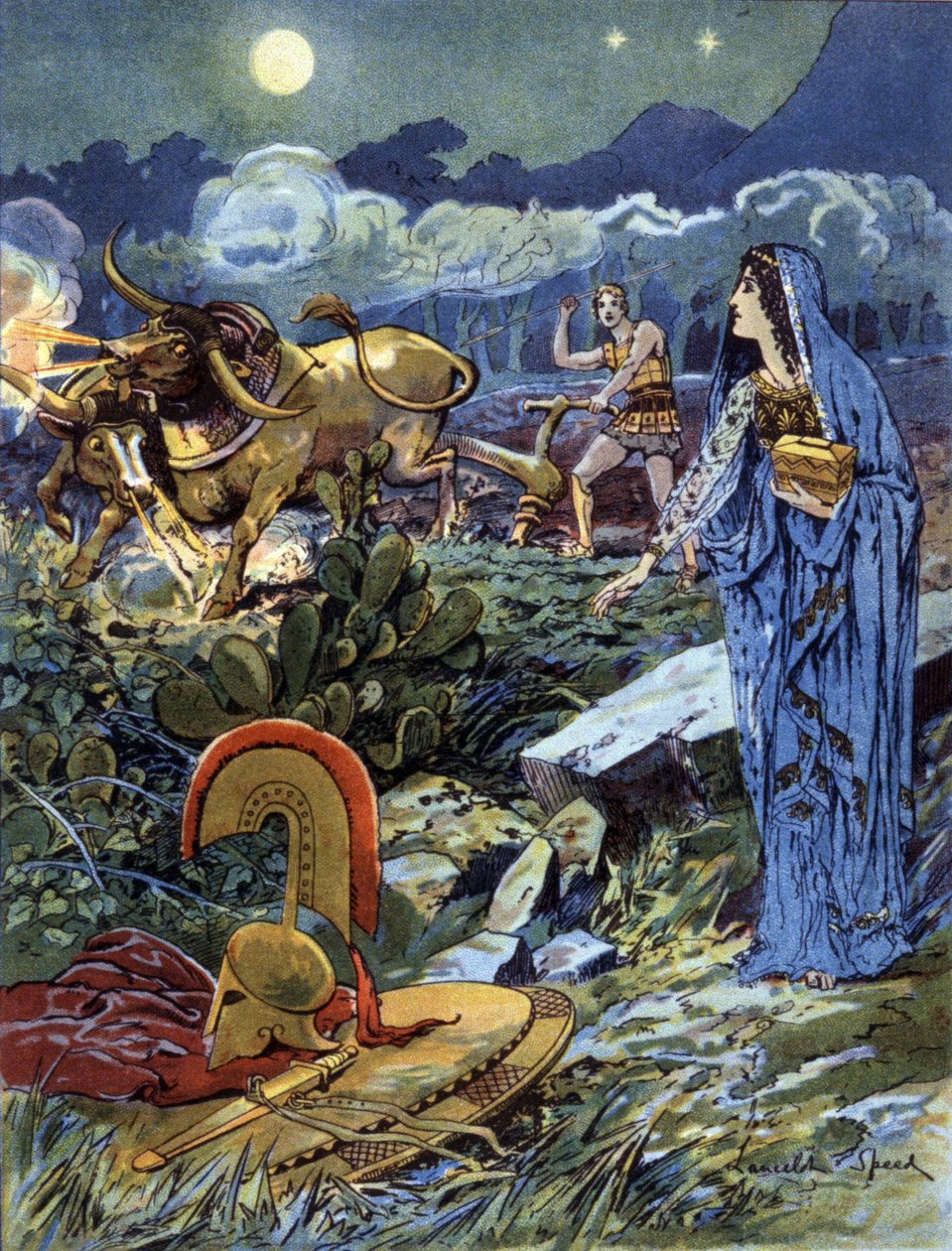 Jason, hjälpt av Medea som plöjer fälten på Mars, ca. 1900 (illustration) av Lancelot Speed