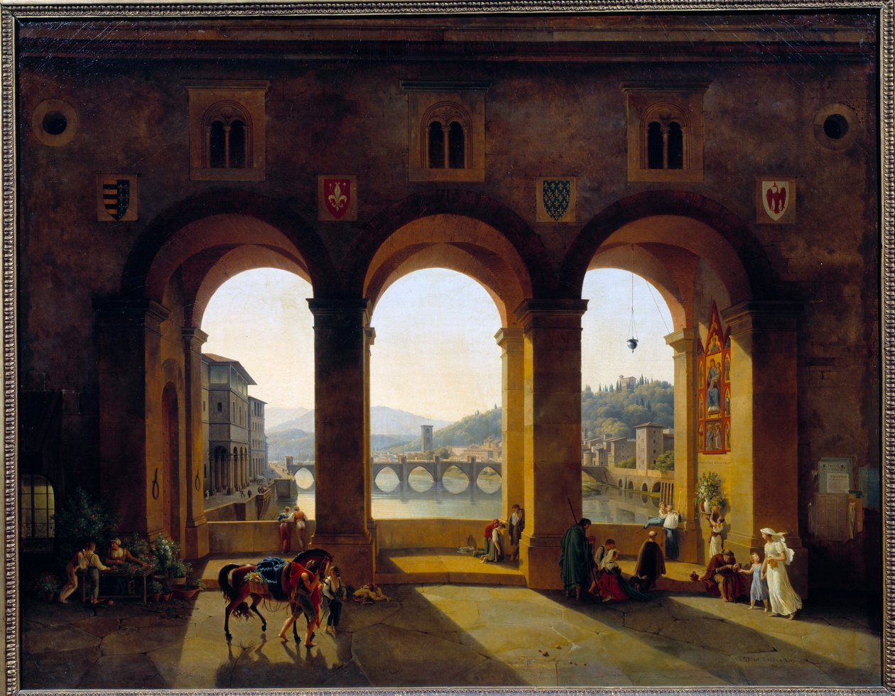 Utsikt över Florens Ponte Vecchio. Målning av Theodore Turpin De Crisse (1782-1859) av Lancelot Théodore Turpin de Crissé de Crissé