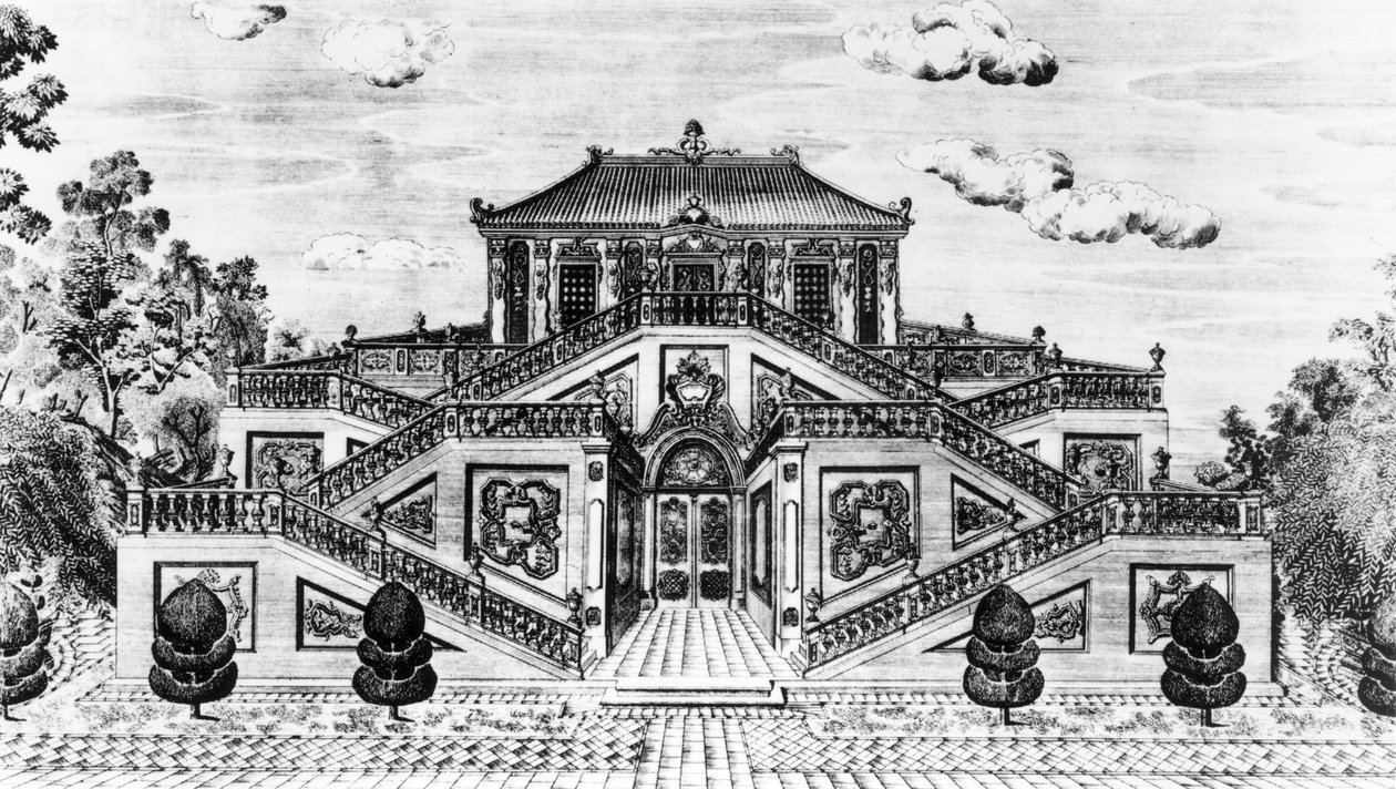 Östra sidan av Palace of the Calm of the Sea, Gardens of Yuan Ming Yuan, Peking, 1783-86 (se även 173898) av Lang Shining