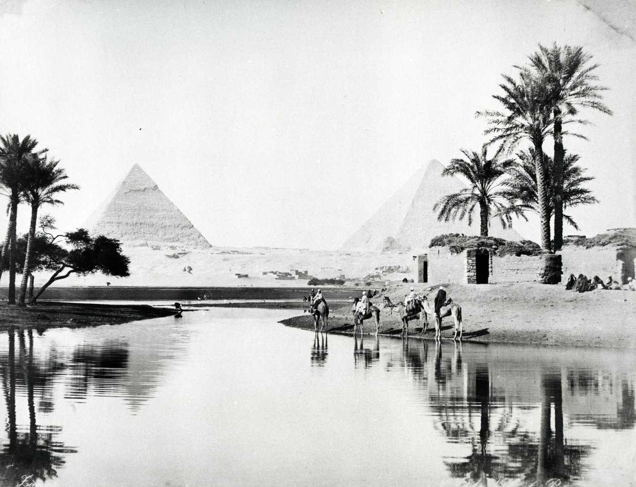 Pyramiderna i Khufu och Khafre från Nilens översvämningar, ca 1880 av Langaki