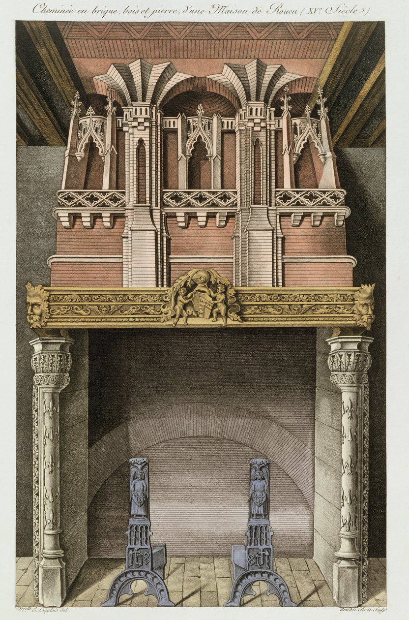 Skorsten från ett 1400-talshus i Rouen, från Monuments Francais, litografi av Amedee Peree, 1839 av Langlois E.