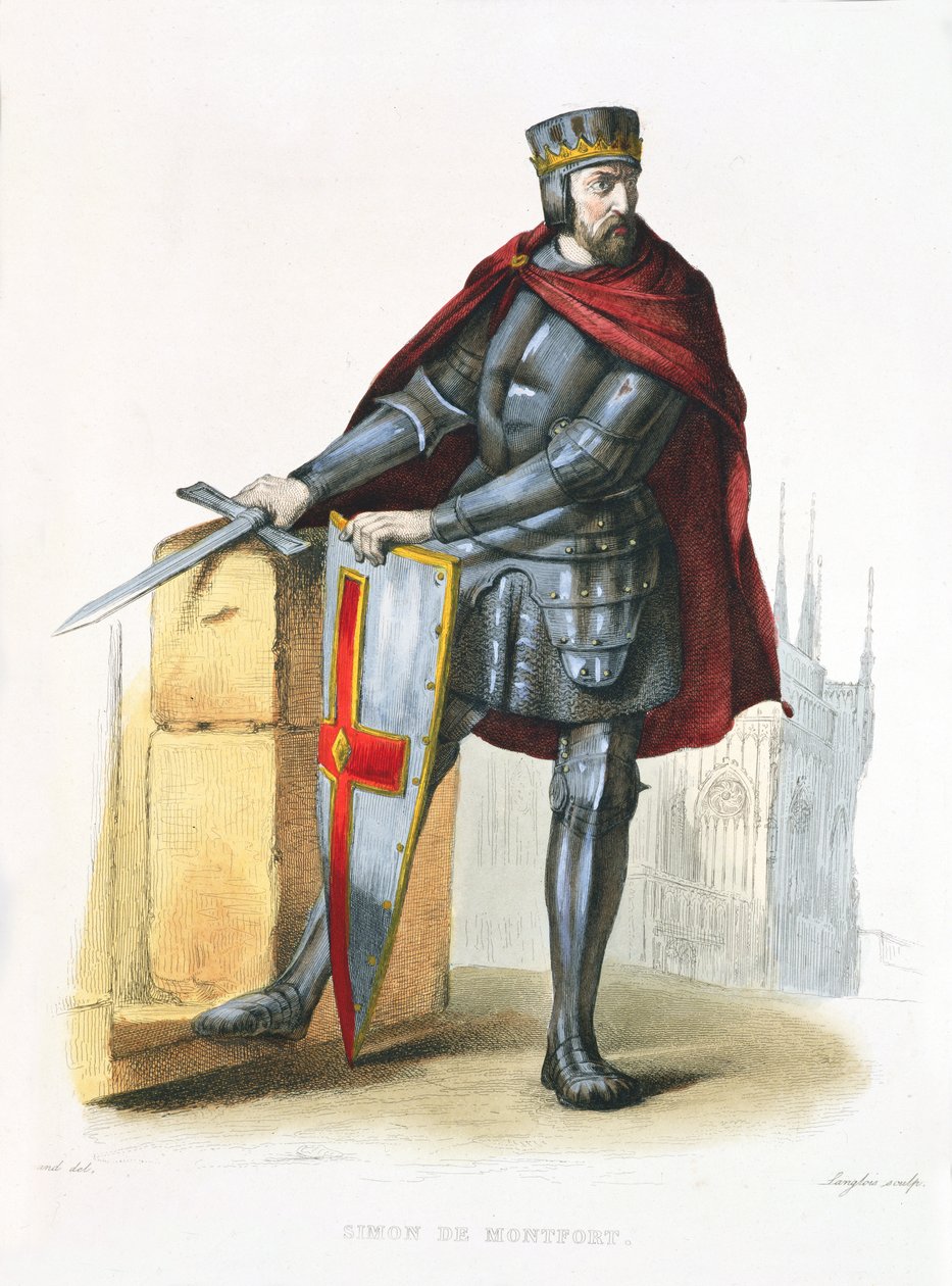 Simon de Montfort 1150-1218 illustration från Le Plutarque Francais av E. Mennechet, 1835 färgad gravyr av Langlois E.