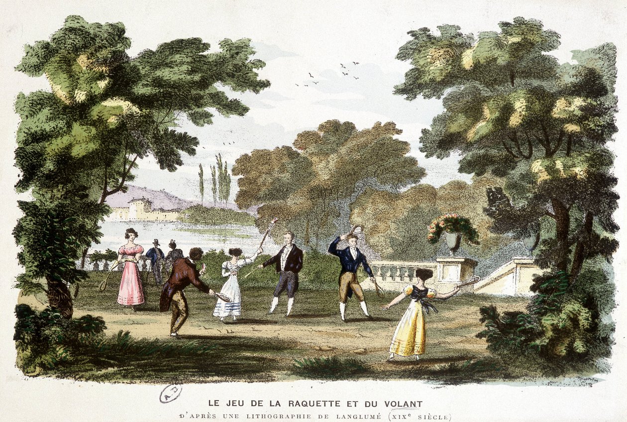 Forntida spel: spelet med racket och ratt, förfader till badmington, baserat på en litografi av Langlumé 1800-talet. av Langlume Langlume