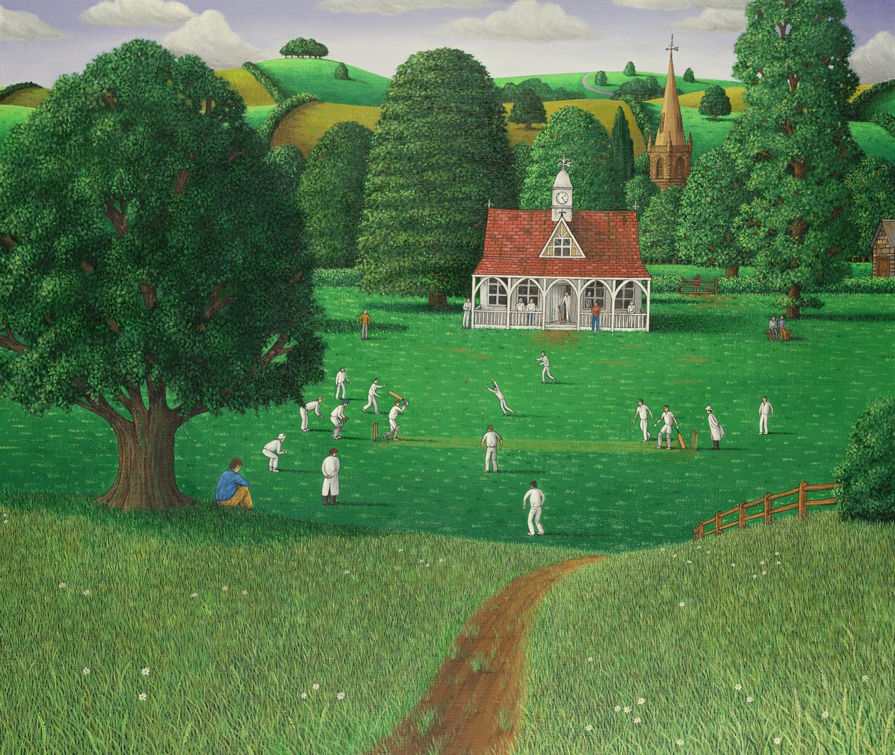 Cricketmatch på St. Marys Grange, Wilts, 1986 (akryl på linne) av Larry Smart