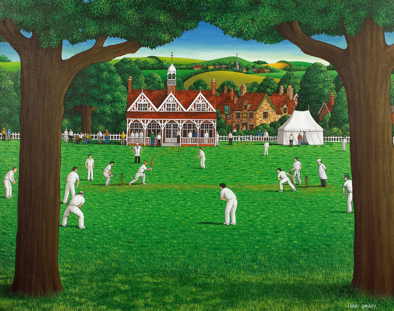 The Cricket Match, 1987 (akryl på linne) av Larry Smart