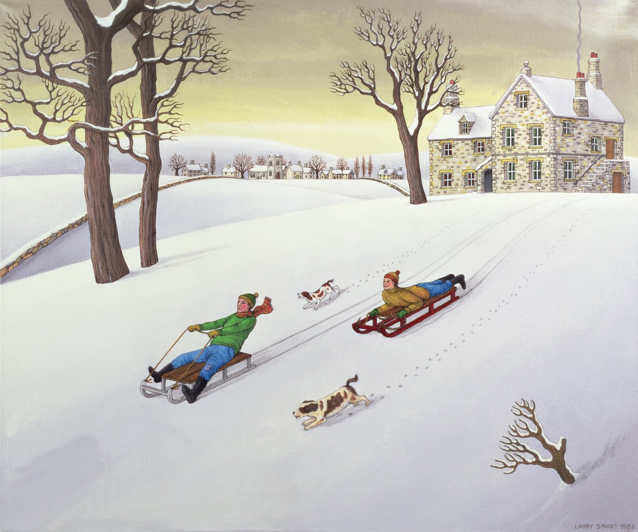 Kälkeåkning, 1986 (akryl på linne) av Larry Smart