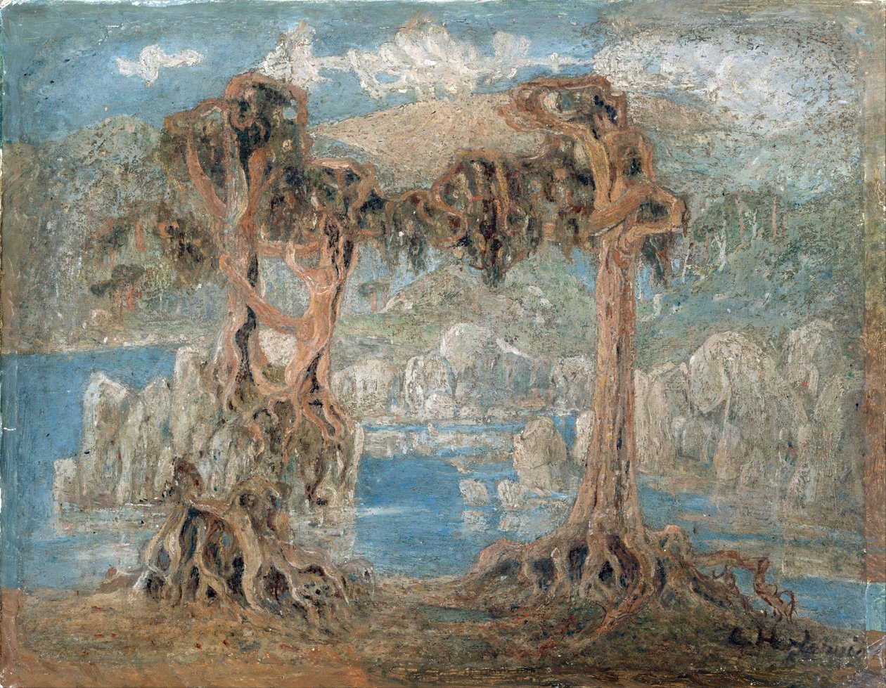 ""Landskap"" Magra träd på stranden, Norge - Målning av Lars Hertervig (1830-1902) 1902 National Museum of Art, Oslo Norge av Lars Hertervig