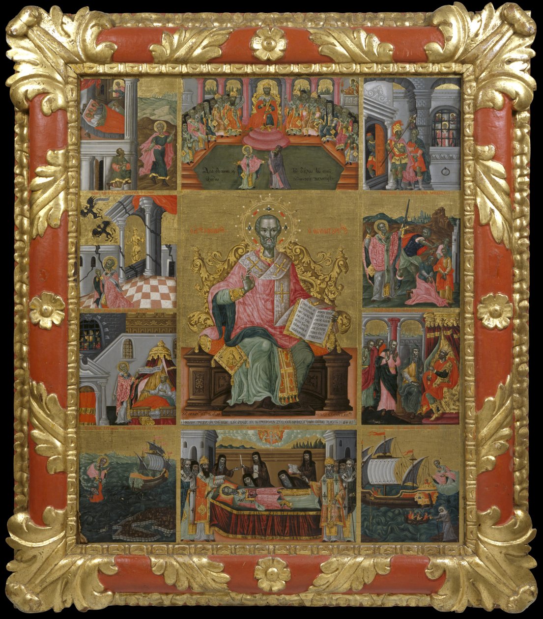 Ikon av Saint Nicholas med scener av hans liv och mirakel, 1733 (äggtempera och bladguld på panel) av Laskaris Leichoudis