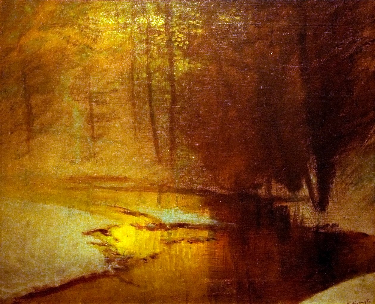  Aranylo fenyek a teli erdobennEnglish: Golden_Lights_in_the_Winter_Forestn av Laszlo Mednyanszky