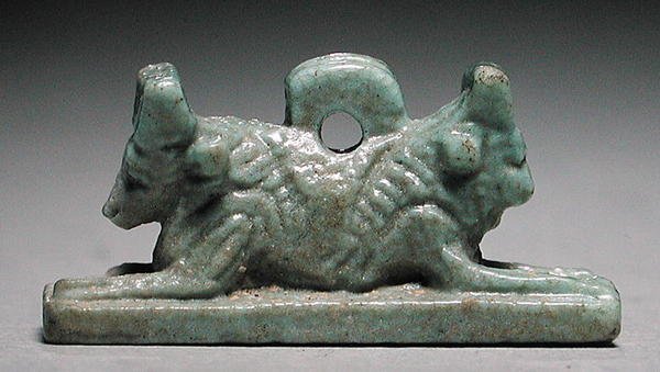 Amulett med tjurhövdad lejon, Saiteperiod, 715-656 f.Kr. (blågrön fajans) av Late Period Egyptian