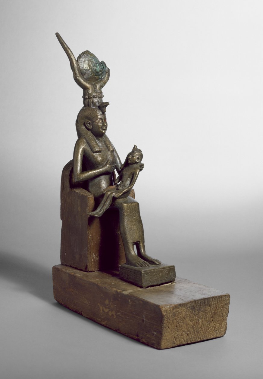 Votiv statyett av Isis som diar barnet Horus, hittad i Saqqara tillsammans med original trätron och bas (brons) av Late Period Egyptian