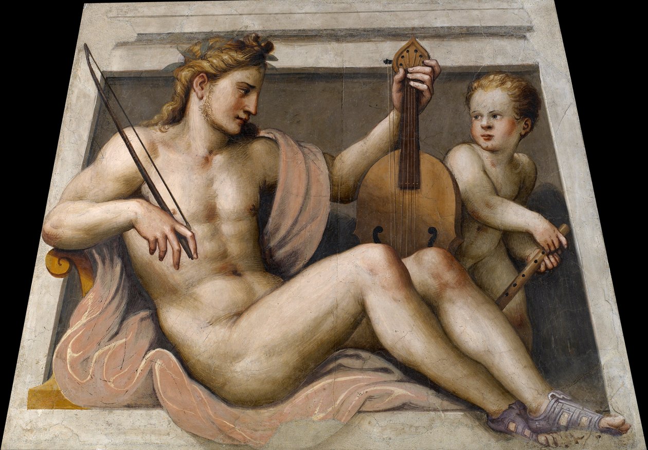 Apollo med cupid par Gambara, Lactantius (ca 1530-1574). Fresco, storlek: 155,5x109,, Tosio Martinengo Art Gallery, Brescia av Lattanzio Gambara