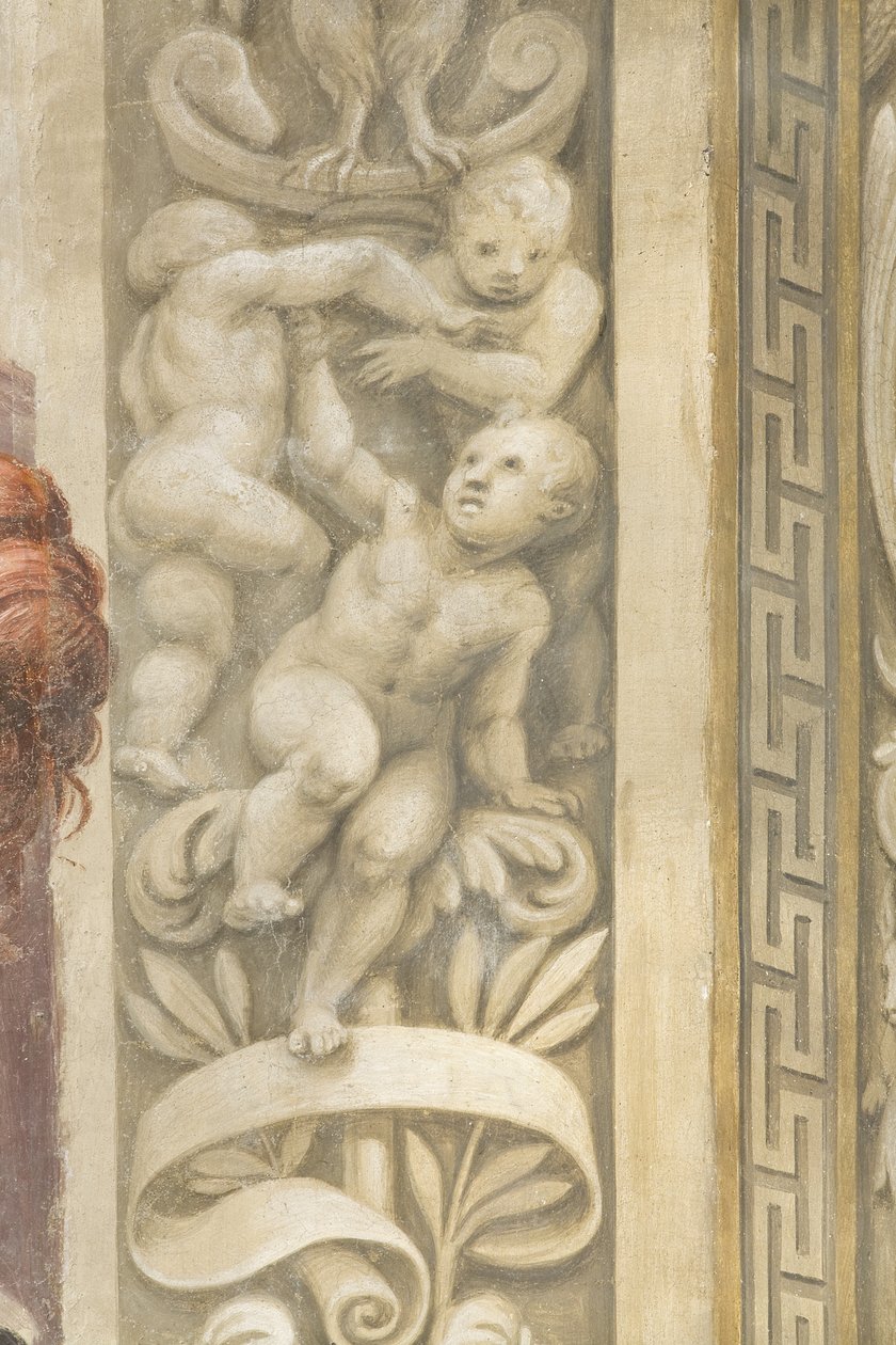 Putti, dekorationer runt fönstren (fresk) av Lattanzio Gambara