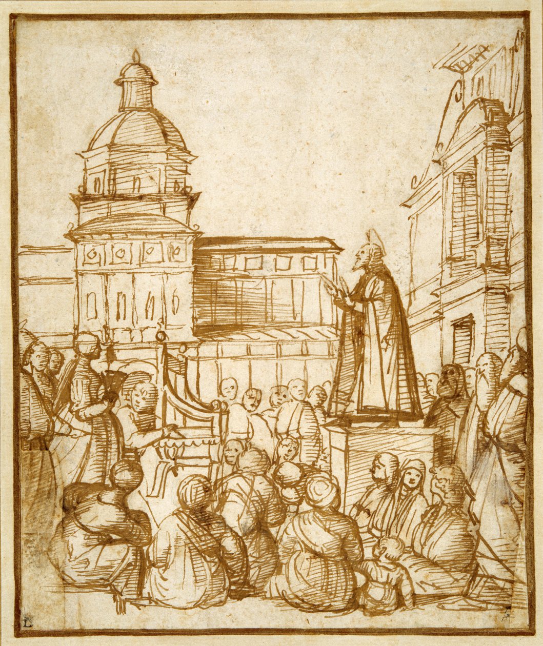 Markus predikar på torget (penna och bläck på papper) av Lattanzio da (attr. to) Rimini