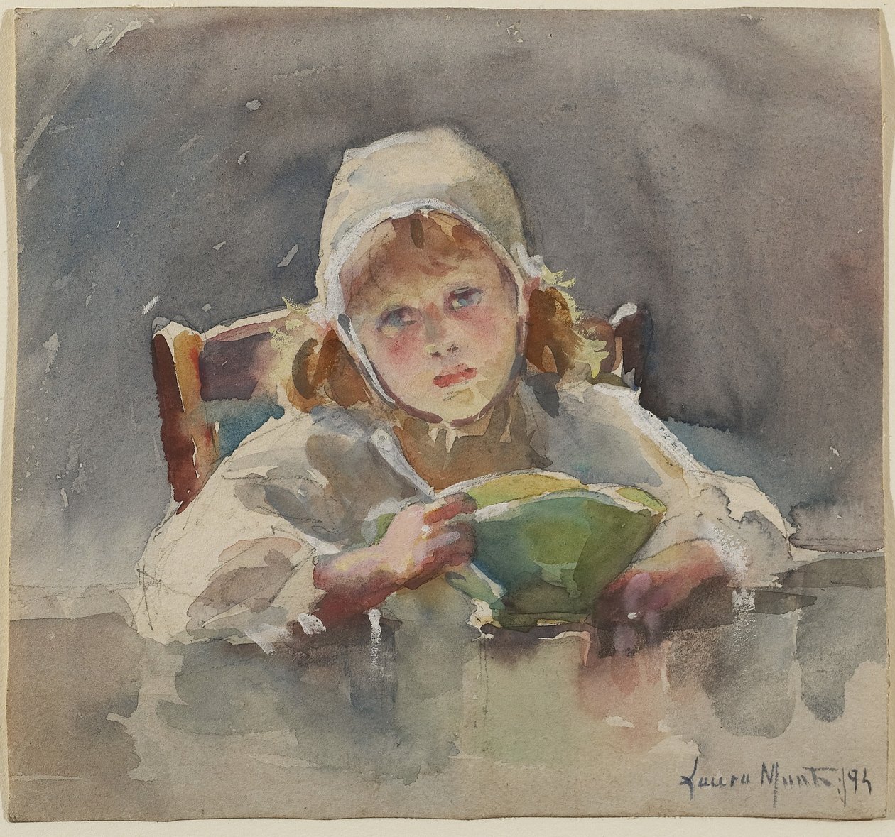 Barn med grön skål, 1895 (grafit, wc och gouache på papper) av Laura Muntz Lyall
