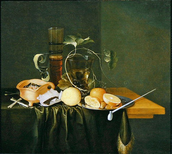 Stilleben av en Roemer omgiven av vinrankor och frukter (olja på duk) av Laurens Craen