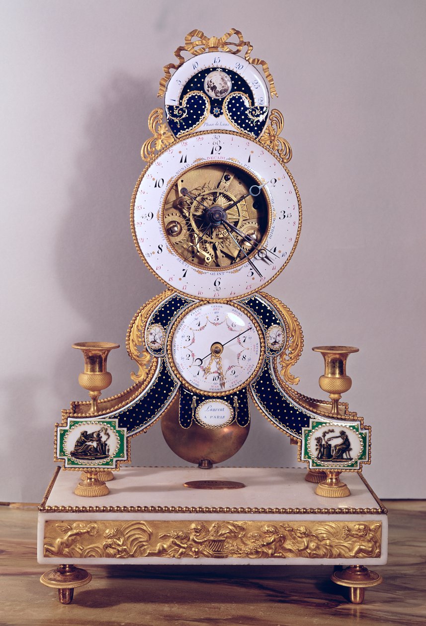 Decimal- och duodecimalklocka med urtavlor för den revolutionära och den gregorianska kalendern och månens faser, tillverkad i Paris (brons och emalj). av Laurent