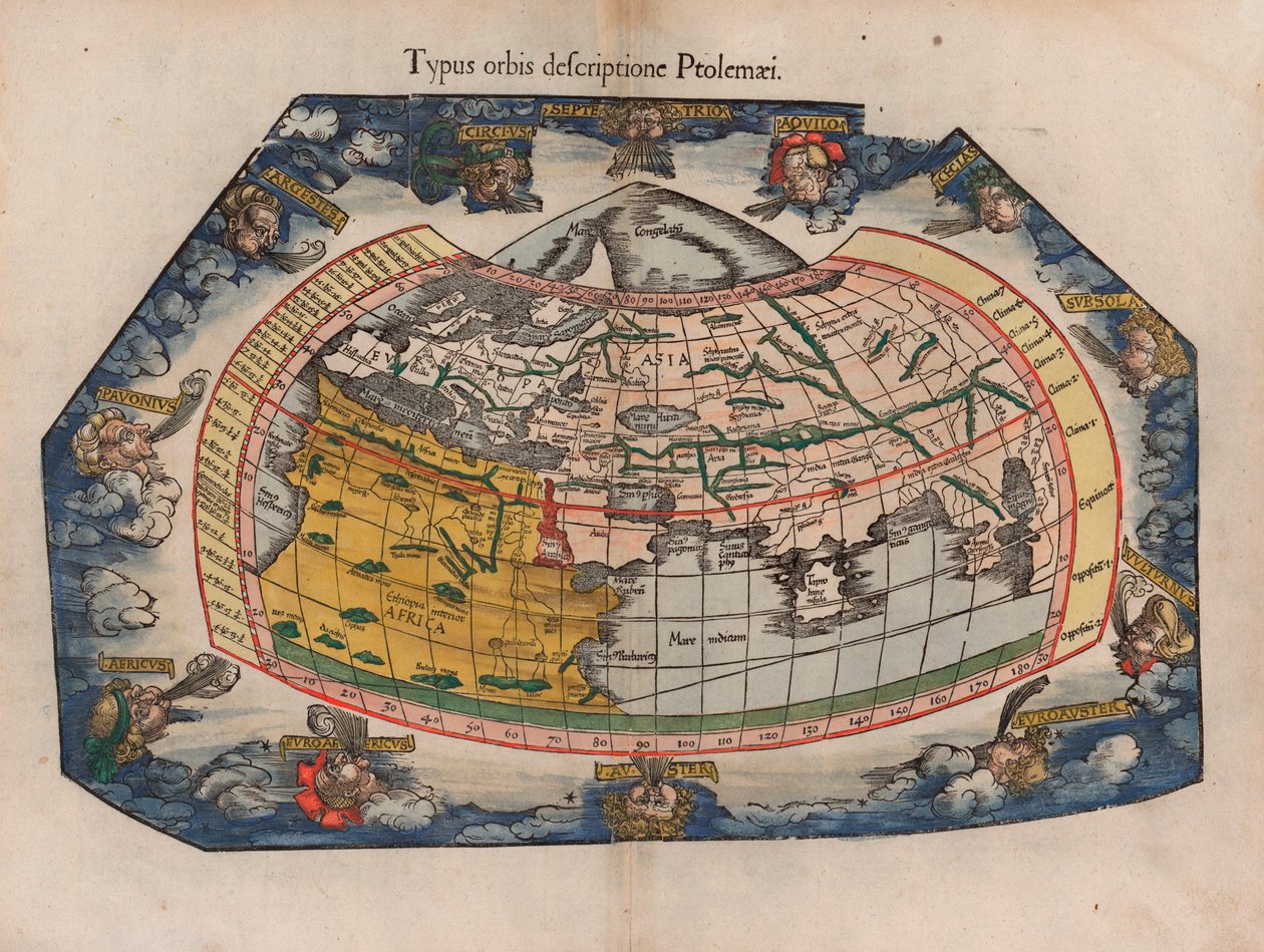 En världskarta som nedskriven av Ptolemaios (Typus Orbis Descriptione Ptolemaei) av Laurent Fries från Gaspar Trechsels 1541 reprint av hans 1522 kartor för Ptolemaios