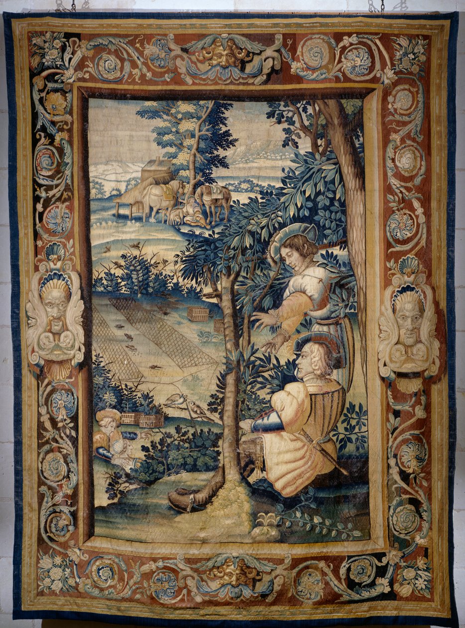 Fågeljakt med nät, gobeläng från serien Hunts of Francis I av Laurent Guyot