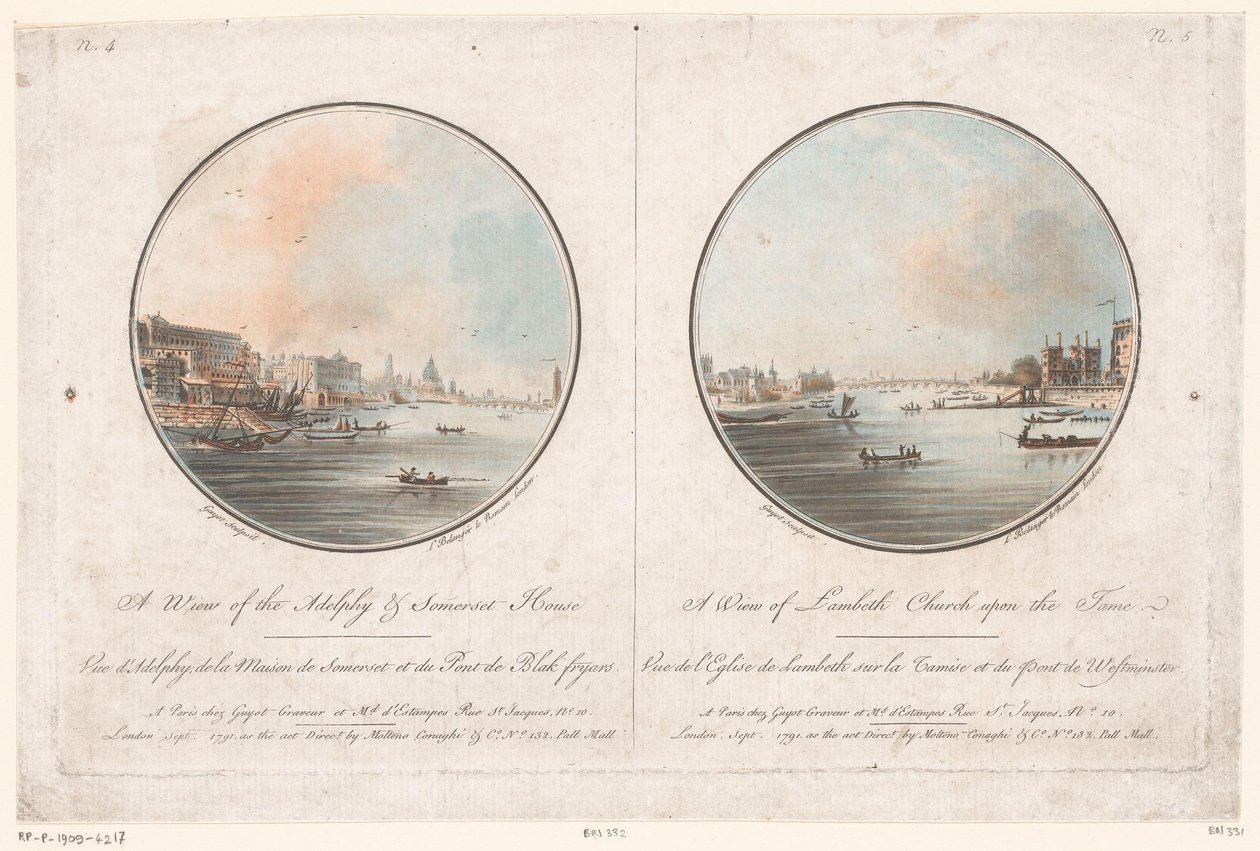 Utsikt över Adelphi och Somerset House från Themsen och utsikt över Lambeth Church från Themsen En vy av Adelphy & Somerset House (titel på objekt) En utsikt över Lambeth Church upon the Tames (titel på objekt) Views of London (serietitel) av Laurent Guyot