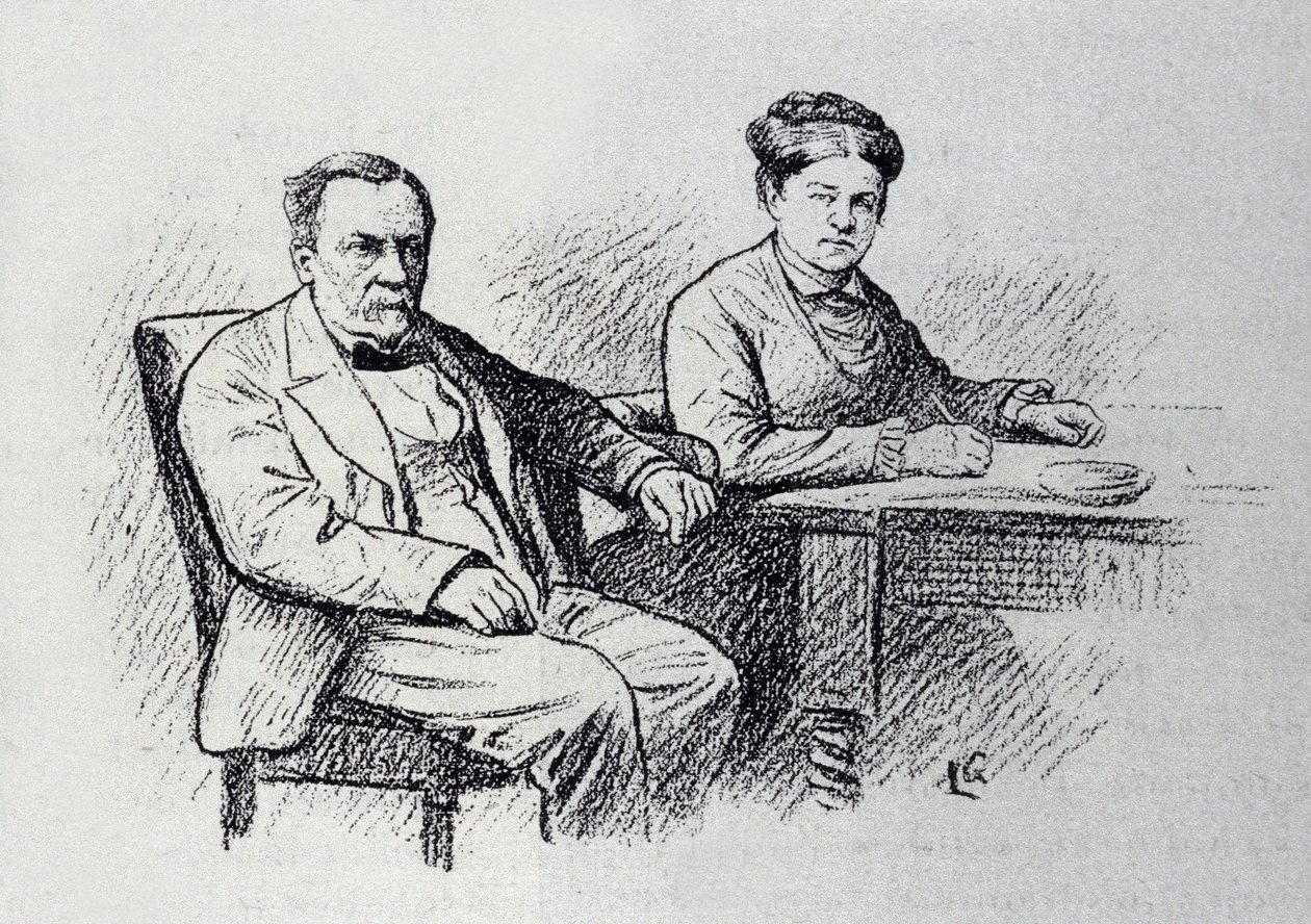 Porträtt av Louis Pasteur (1822-1895), fransk kemist och fysiker som dikterar ett förhållande med sin fru Marie Laurent. Skiss av Lucien Laurent-Gsell (Laurent Gsell) (1860-1944). DR av Laurent Lucien Gsell