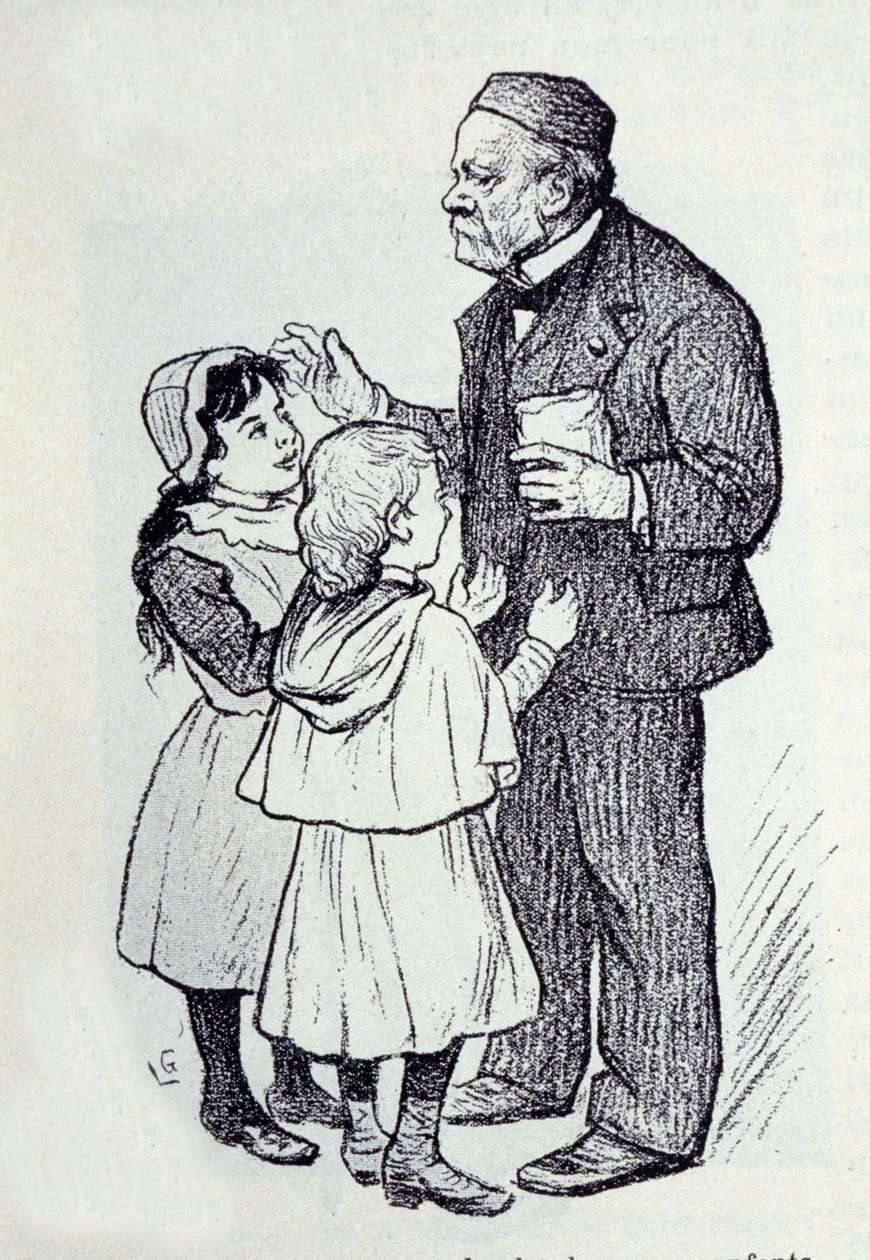 Porträtt av Louis Pasteur (1822-1895), fransk kemist och fysiker som ger godis till institutets barn. Skiss av Lucien Laurent-Gsell (Laurent Gsell) (1860-1944). DR av Laurent Lucien Gsell